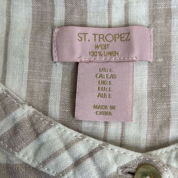 St Tropez West Linen Tan Stripe Button Front Long Tab Sleeve Shirt Women Large - Picture 7 of 11